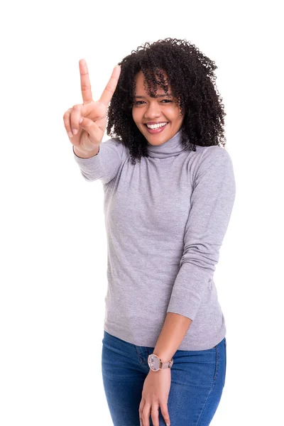 Belle Jeune Femme Signalant Isolé Sur Fond Blanc — Photo