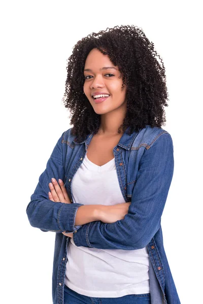 Bella Giovane Donna Africana Posa Isolata Uno Sfondo Bianco — Foto Stock