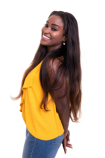 Vacker Ung Afrikansk Kvinna Poserar Isolerad Vit Bakgrund — Stockfoto