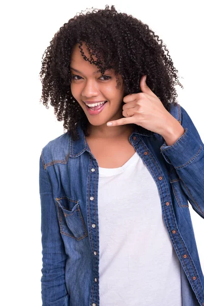 Happy Young African Woman Student Making Call Sign Hand Isolated — Stock Photo, Image