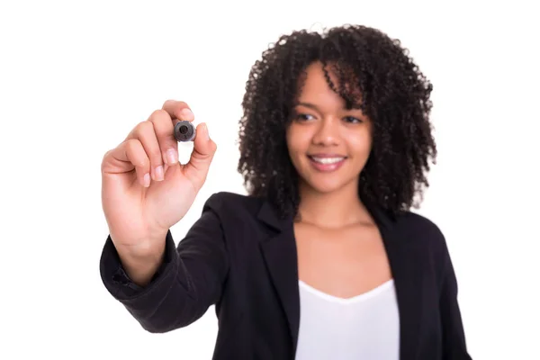 Een Mooie Afrikaanse Zakenvrouw Schrijven Met Marker Virtueel Scherm — Stockfoto