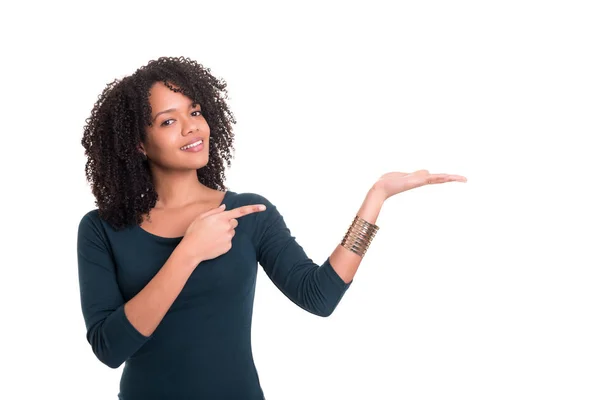 Wow Look Young African Woman Pointing Copyspace — Stock Photo, Image