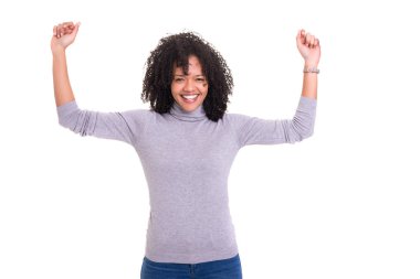 Stüdyo çekim silah kaldırdı ile çok mutlu bir Afrika kadın