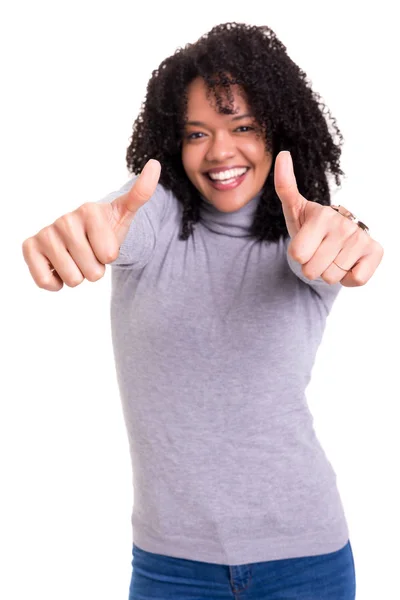 Beautiful Young Woman Signaling Isolated White — Stock Photo, Image