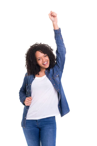 Studio Shot Una Donna Africana Molto Felice Con Braccia Alzate — Foto Stock