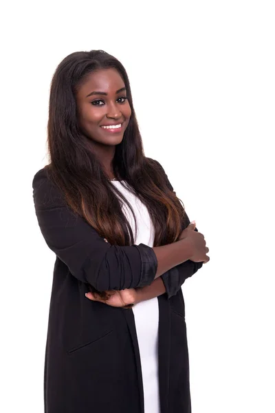 Prachtige Afrikaanse Zakenvrouw Poseren Geïsoleerd Witte Achtergrond — Stockfoto