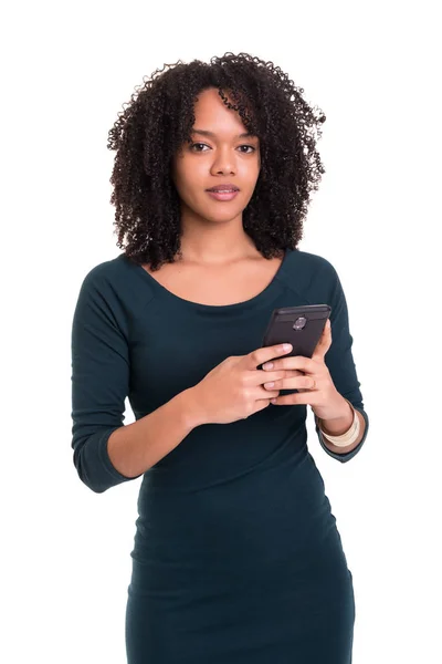 Joven Mujer Africana Hermosa Teléfono Aislado Sobre Fondo Blanco — Foto de Stock