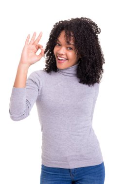 Güzel ve genç birbayan sinyal Tamam beyaz arka plan üzerinde izole