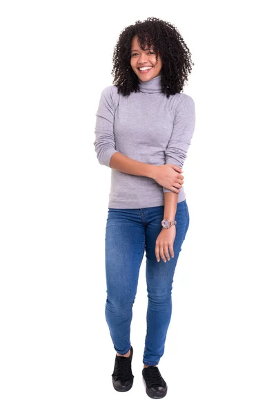 Mooie Jonge Afro Amerikaanse Vrouw Trui Jeans Glimlachen Kijken Naar — Stockfoto