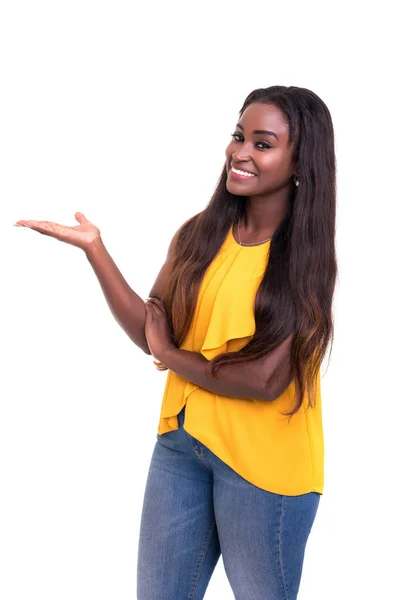 Beautiful African American Businesswoman Smiling Pointing Hand Aside Isolated White — Stock Photo, Image