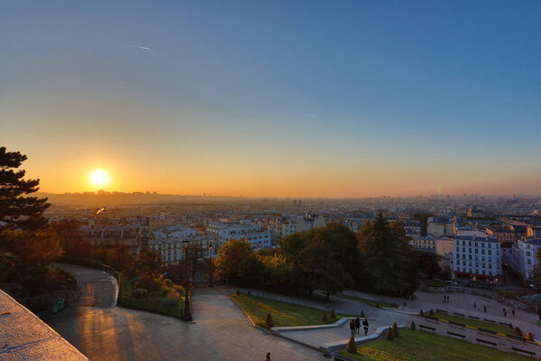 Paris city view seen from Montmarte at sunrise, France