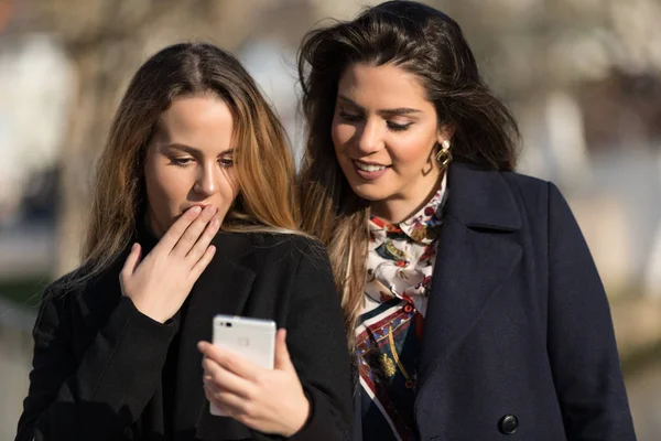Mujeres Felices Con Teléfono Inteligente Bolsas Compras — Foto de Stock