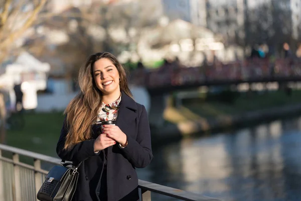 Portrait Laughing Woman Coffee Street — Stock Photo, Image