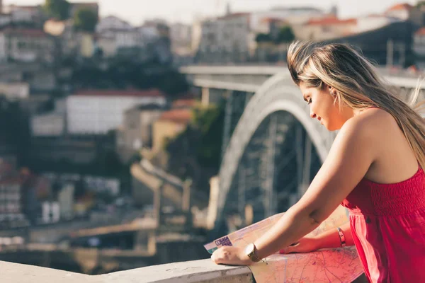 Woman enjoying sunset at Porto - Portugal — Stock Photo, Image