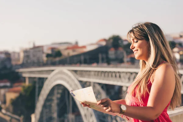 Woman enjoying sunset at Porto - Portugal — Stock Photo, Image