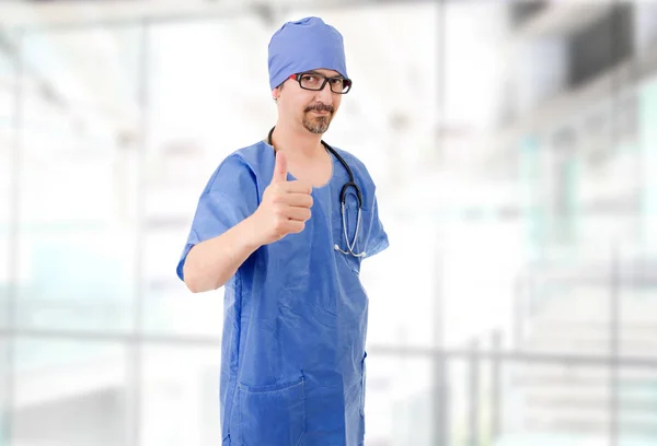 Happy Male Doctor Showing Thumbs Hospital — Stock Photo, Image