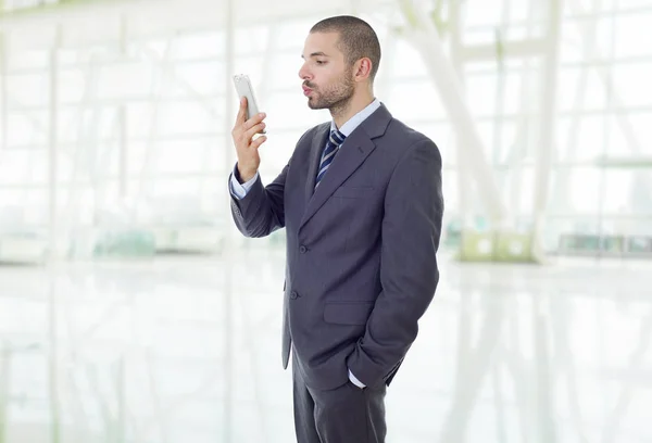 Businessman Suit Tie Taking Selfie Photo Mobile Phone Camera Posing — Stock Photo, Image