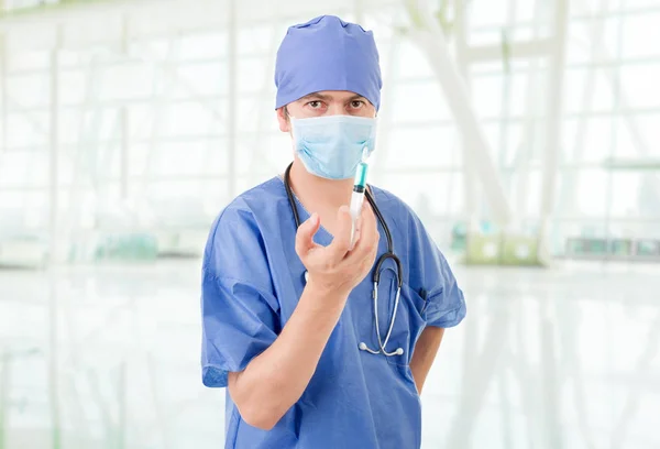 Stupide Médecin Avec Une Seringue Hôpital — Photo