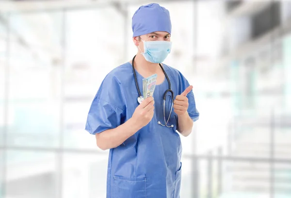 Happy Male Doctor Holding Bank Notes Hospital — Stock Photo, Image