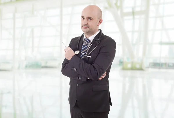 Happy Male Doctor Syringe Hospital — Stock Photo, Image