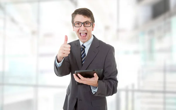 Businessman Using Touch Pad Tablet Going Thumbs Office — Stock Photo, Image