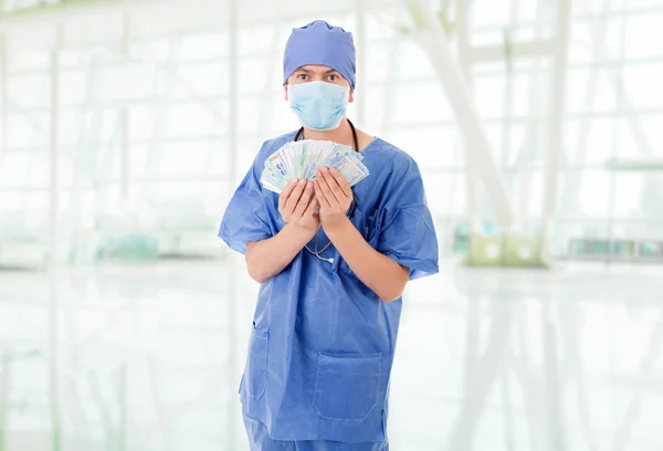 Happy Male Doctor Holding Bank Notes Hospital — Stock Photo, Image