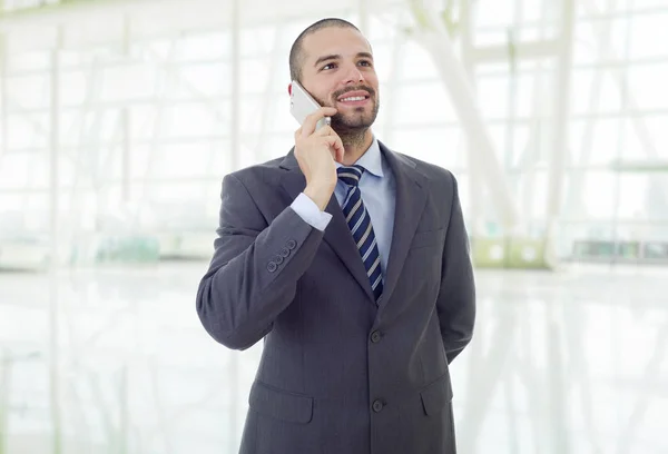 Homem Negócios Feliz Telefone Escritório — Fotografia de Stock