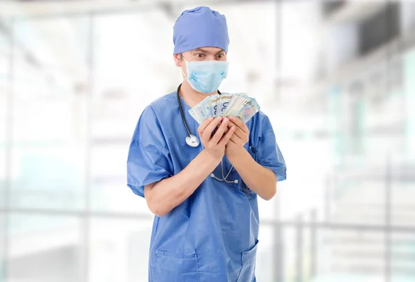 Happy Male Doctor Holding Bank Notes Hospital — Stock Photo, Image