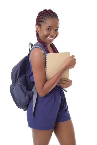Mladý Šťastný Africký Dívka Student Izolovaný Bílém Pozadí — Stock fotografie