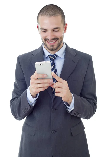 Homem Negócios Feliz Telefone Isolado — Fotografia de Stock