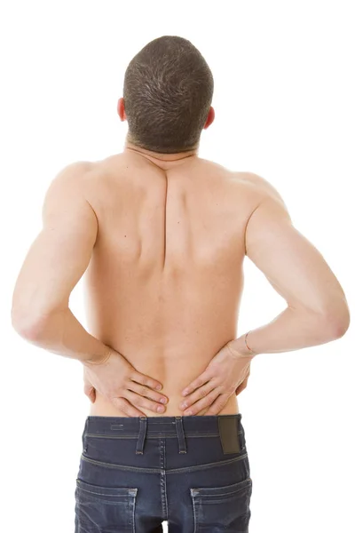 Rear View Young Man Holding His Back Pain Isolated White Royalty Free Stock Photos