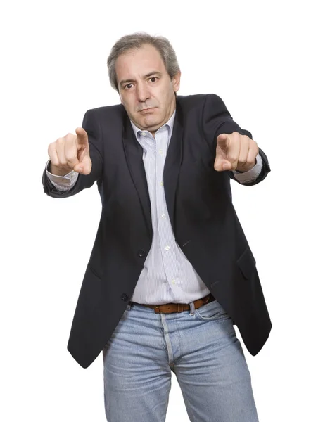 Mature Casual Man Pointing Isolated — Stock Photo, Image