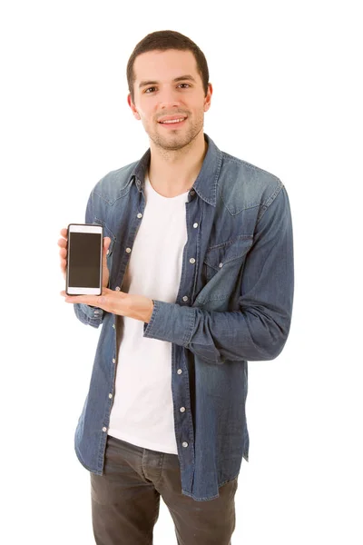 Jeune Homme Heureux Occasionnel Avec Téléphone Isolé — Photo