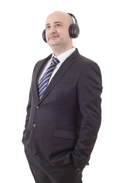 Retrato Hombre Guapo Con Auriculares Sonriendo Escuchando Música Aislada Blanco — Foto de Stock