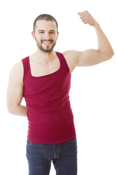 Jovem Feliz Ganhando Braços Abertos Isolado Fundo Branco — Fotografia de Stock