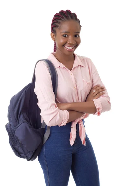 Молодая Счастливая Африканская Студентка Изолированная Белом Фоне — стоковое фото