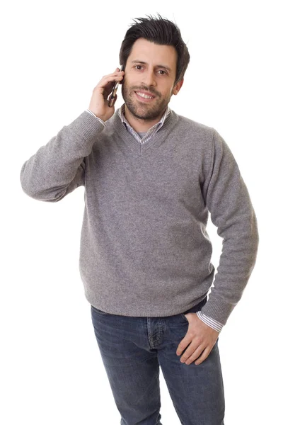 Young Casual Happy Man Phone Isolated — Stock Photo, Image