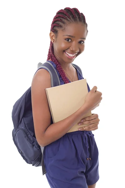 Νεαρή Ευτυχισμένη Αφρικανή Μαθήτρια Απομονωμένη Λευκό Φόντο — Φωτογραφία Αρχείου