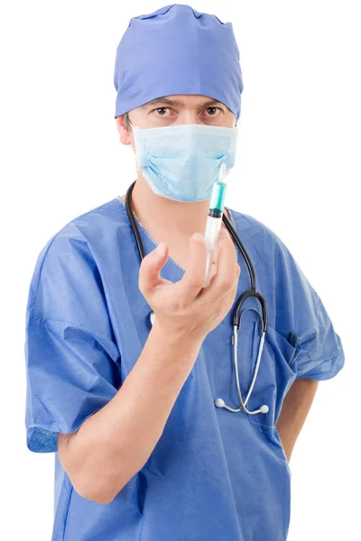 傻医生用注射器在白色的背景分离 — 图库照片