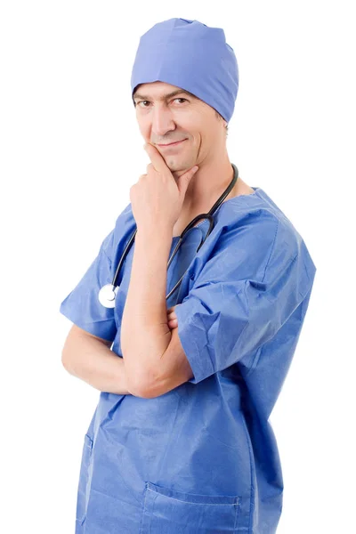 Šťastný Mužský Lékař Izolované Bílém Pozadí — Stock fotografie
