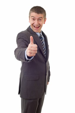 aptal iş adam gidiyor başparmak yukarı, izole üzerinde beyaz