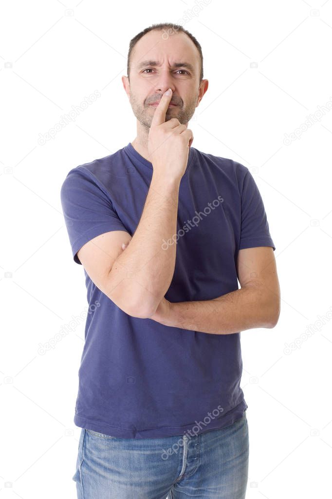 casual man thinking, isolated on white