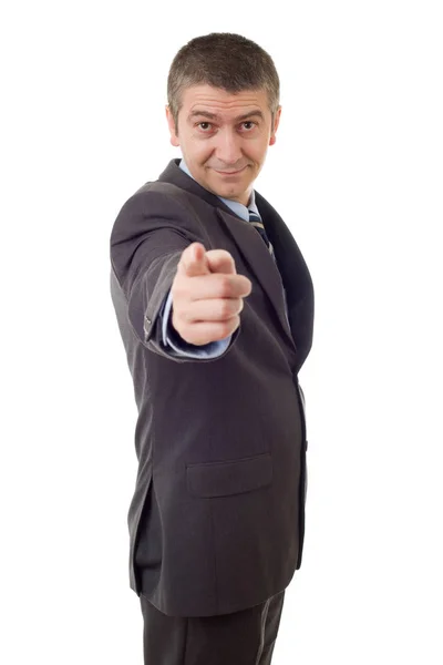 Happy Business Man Pointing Isolated White — Stock Photo, Image