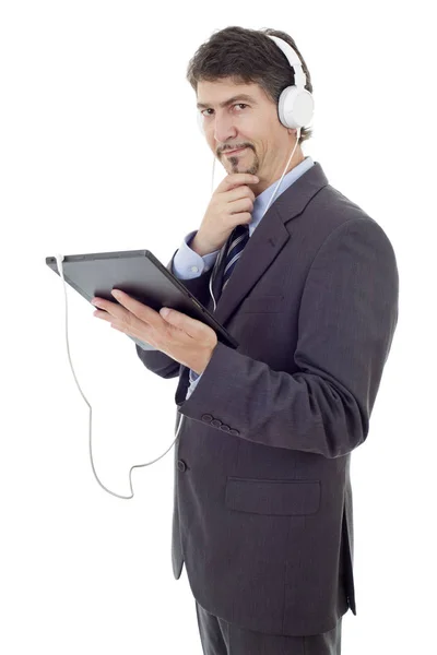 Hombre Negocios Con Tablet Auriculares Aislado —  Fotos de Stock