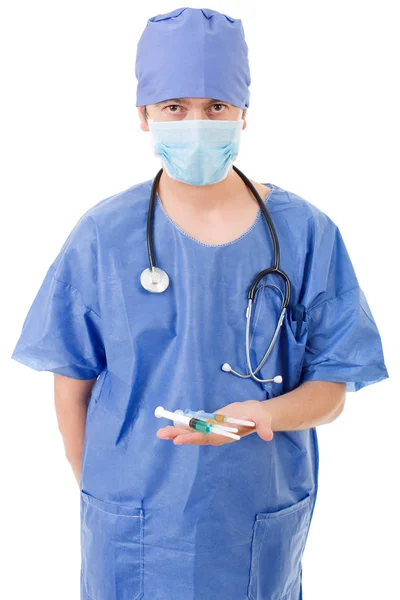Sjukhusläkare Med Några Sprutor Isolerade Över Vit Bakgrund — Stockfoto
