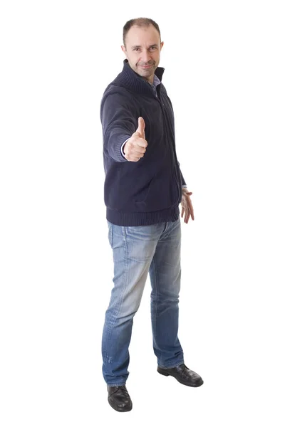 Happy Casual Man Full Body Going Thumb Isolated White Background — Stock Photo, Image