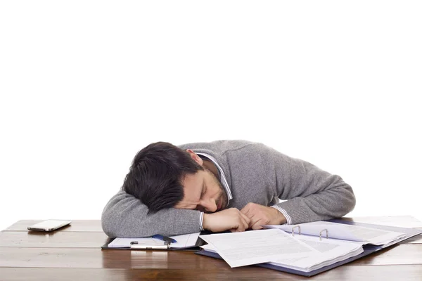 Casual Man Sover Ett Skrivbord Isolerad Vit Bakgrund — Stockfoto