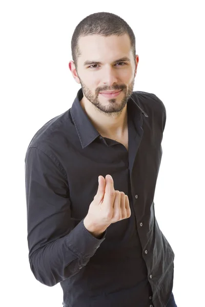 Jeune Homme Heureux Portrait Occasionnel Isolé Sur Blanc — Photo