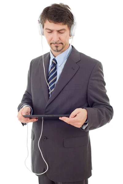 Hombre Negocios Con Tablet Auriculares Aislado — Foto de Stock