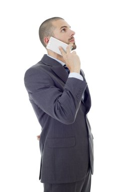 Endişeli bir iş adamı telefonda, izole edilmiş.